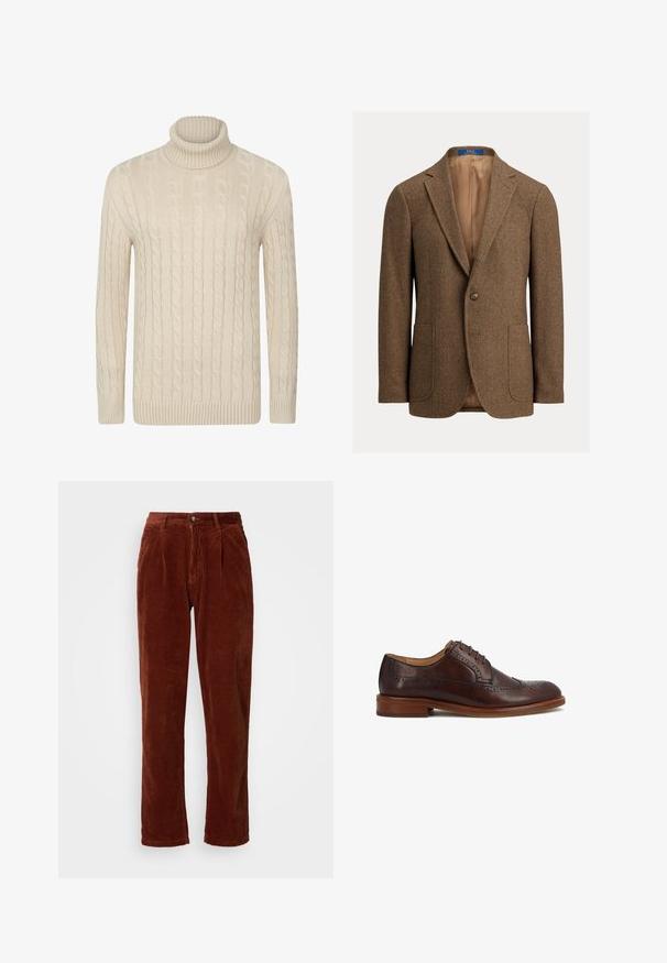 Blazer en laine marron à chevrons avec deux poches plaquées avant, fermeture à un bouton, revers crantés et doublure satin beige.; Pull en maille torsadée à col roulé couleur beige clair, doté de poignets et d'un ourlet côtelés. Fabriqué dans un matériau doux et texturé, offrant un ajustement confortable.; Pantalons en velours côtelé d'une riche couleur marron ; avec un devant plissé, des jambes droites et une fermeture à bouton à la taille.; Chaussure habillée homme en cuir marron foncé avec perforations brogue, lacets et petit talon en bois sur fond blanc.