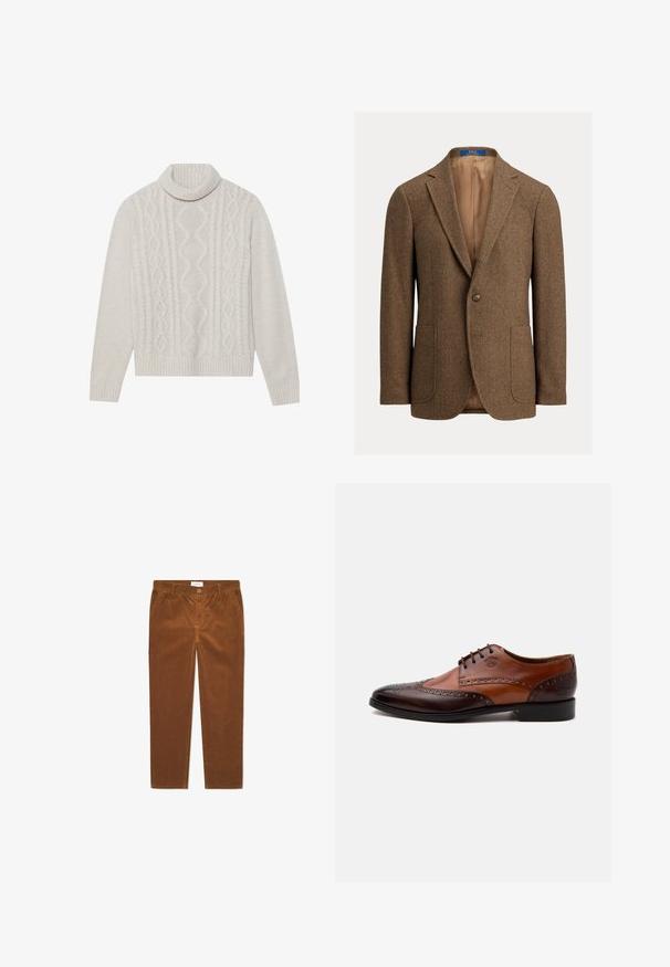 Brun uld blazer i fiskebenmønster med to forlommer, enkelt knaplukning, hakkede revers og beige satinfor.; Cremefarvet kabelstrikket sweater med høj ribkant, prydet med et struktureret mønster samt ribbede manchetter og kant. Blødt uldblend materiale.; Brune fløjl bukser med lige pasform, der har frontlommer, knaplukning og lodrette ribbede strukturer.; Tofarvet brun læder herreselskabssko med brogue-detaljer og snørelukning set fra siden på hvid baggrund.