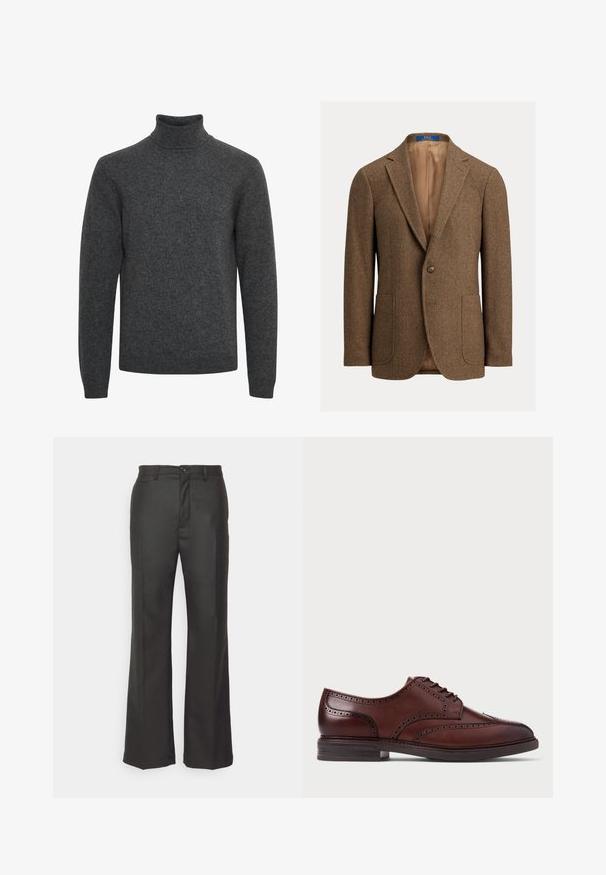 Blazer en laine marron à chevrons avec deux poches plaquées avant, fermeture à un bouton, revers crantés et doublure satin beige.; Pull à col roulé gris foncé à manches longues avec col, poignets et bas en côtes, en tissu tricoté doux.; forét Pantalon classique - dark grey; Chaussure brogue en cuir marron avec un design à bouts retournés, des détails perforés et une semelle foncée, présentée en profil latéral sur fond blanc.