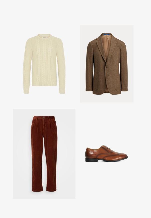 Blazer de lana marrón con espiga, con dos bolsillos de parche delanteros, cierre de un botón, solapas con muesca y forro de satén beige.; Blend BHBASIM - Jersey de punto - oyster gray; Pantalones de pana en un color marrón intenso; presentan un frente plisado, piernas rectas y un cierre de botón en la cintura.; Zapato de vestir Oxford de hombre en cuero marrón con detalles brogue y suela negra, mostrado de perfil sobre fondo blanco.