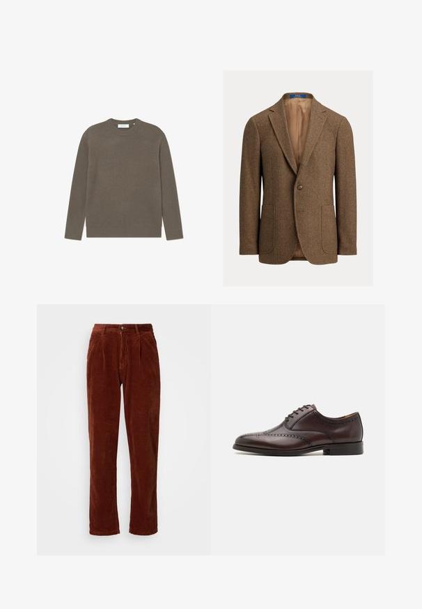 Blazer en laine marron à chevrons avec deux poches plaquées avant, fermeture à un bouton, revers crantés et doublure satin beige.; Pull en maille côtelée de couleur brun terreux, avec un col rond et des manches longues, doté d'un fini texturé et d'une étiquette de marque discrète.; Pantalons en velours côtelé d'une riche couleur marron ; avec un devant plissé, des jambes droites et une fermeture à bouton à la taille.; ALDO DONALD - Derbies & Richelieus - dark brown