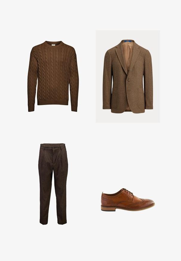 Brun uld blazer i fiskebenmønster med to forlommer, enkelt knaplukning, hakkede revers og beige satinfor.; Brun kabelstrikket sweater med lange ærmer, ribbet manchetter og kant, samt rund halsudskæring, vist mod hvid baggrund.; Brune herreuld bukser med forreste plisseringer, knaplukning og bæltestropper, vist mod en hvid baggrund.; Brune lædersko med wingtipsdesign, perforerede detaljer og en lav stablet hæl. Snørebåndslukning og glat tekstur.