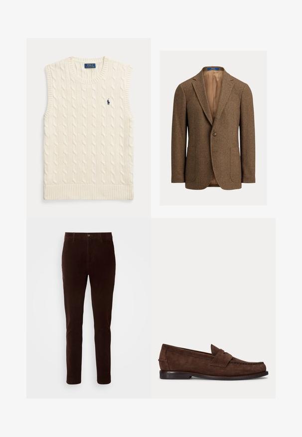 Bruine wollen blazer met visgraatmotief, twee opgestikte voorzakken, sluiting met één knoop, notch revers en beige satijnen voering.; Crèmekleurige kabelgebreide mouwloze trui met geribbelde randen en klein donkerblauw Polo Ralph Lauren-logo op de linkerborst.; Bruine corduroy broek met een rechte pasvorm, voorzien van een standaard tailleband, knoopsluiting en subtiele verticale ribbelstructuur.; Bruine suède penny loafer met lage hak en zichtbare stiksels langs de neus, zijkant en achterkant, weergegeven op een effen lichte achtergrond.