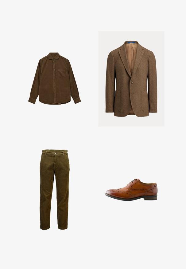 Brun uld blazer i fiskebenmønster med to forlommer, enkelt knaplukning, hakkede revers og beige satinfor.; Brun kordfløjls skjorte med lange ærmer, knap-ned krave, frontlomme og struktureret ribbet overflade. Har sølvfarvede knapper.; Brune cordfløjlsbukser med frontknap og lynlås, bæltestropper og lige ben.; Brun læder herres brogue fest sko med vingetip perforering og sorte snørebånd, vist fra ydersiden.