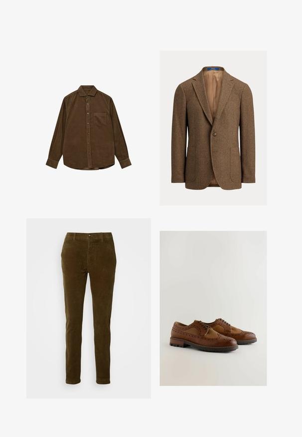 Brun uld blazer i fiskebenmønster med to forlommer, enkelt knaplukning, hakkede revers og beige satinfor.; Brun kordfløjls skjorte med lange ærmer, knap-ned krave, frontlomme og struktureret ribbet overflade. Har sølvfarvede knapper.; Buks i kordfløjl i mørkeolivengrøn med lige ben, frontlommer og en lille metalknaplukning. Blød tekstur, ribbet design.; Brune lædersko med brogue-detaljer, en glat tekstur, snørebåndsdesign og en kraftig gummisål for bedre greb.