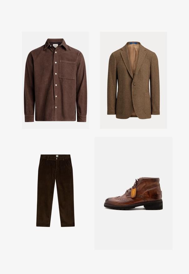 Blazer en laine marron à chevrons avec deux poches plaquées avant, fermeture à un bouton, revers crantés et doublure satin beige.; Chemise en velours côtelé marron avec un col boutonné, poche avant, boutons blancs et manches longues avec des poignets boutonnés. Détail de tissu texturé.; Pantalon en velours côtelé brun foncé avec poches avant, passants de ceinture et fermeture par bouton à la taille de la marque Lee.; Bottine brogue en cuir marron avec lacets, semelle noire et une étiquette "Stone Washed" attachée aux lacets sur fond blanc.