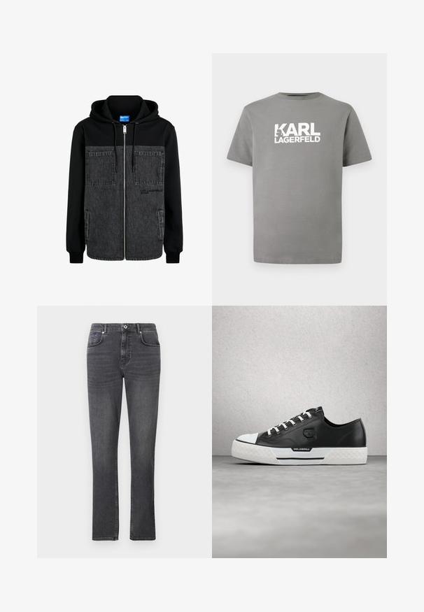 Veste à capuche avec un dessus en coton noir, un devant en denim gris, deux grandes poches avant et une fermeture éclair avec un détail de logo.; T-shirt en coton gris avec un col rond, des manches courtes, et un logo blanc audacieux "KARL LAGERFELD" sur le devant.; Jean en denim gris avec une coupe droite, style cinq poches et des détails de surpiqûre subtils. Le tissu a une texture lisse.; Baskets en cuir noir avec accents blancs, semelle en caoutchouc texturée et logo. Dotées d'un laçage traditionnel et d'un bout arrondi avec un design distinctif.