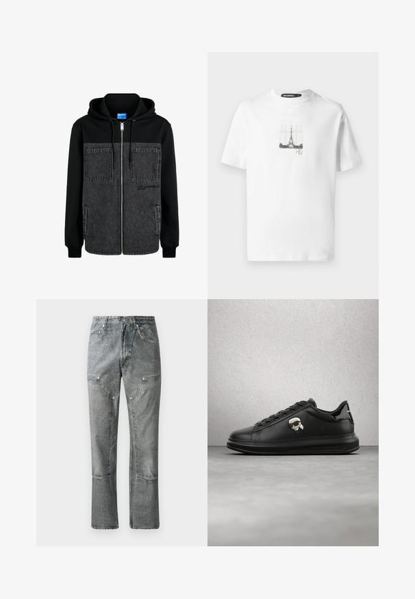 Kapuzenshirt mit schwarzem Baumwolloberteil, grauer Denim-Front, zwei großen Fronttaschen und Reißverschluss mit Logodetail.; Weißes Baumwoll-T-Shirt mit kurzen Ärmeln, das auf der Vorderseite ein schwarz-weißes Grafikdesign des Eiffelturms in rechteckiger Form zeigt.; Graue Denim-Jeans mit geradem Schnitt, ausgestattet mit Fronttaschen, sichtbaren Nähten und einem verwaschenen Finish. Das Material hat eine glatte Textur.; Person trägt schwarze Lederhosen und schwarze Sneakers mit einem kleinen Comic-Charakter-Anhänger an der Seite, steht auf einem Holzboden.