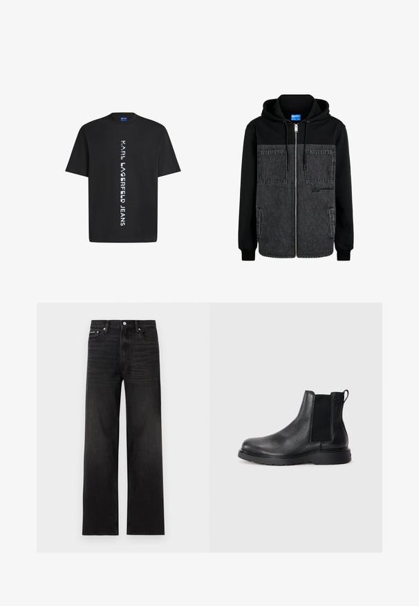 Hooded jack met een zwart katoenen bovenkant, grijze denim voorkant, twee grote voorzakken en ritsluiting met logodetail.; Zwarte katoenen t-shirt met verticale witte tekst "KARL LAGERFELD JEANS." Klassieke ronde hals en korte mouwen. Soepele textuur.; Zwarte jeans met rechte pijpen, vijf zakken, riemlussen en knoopsluiting, weergegeven op een witte achtergrond.; Zwarte leren Chelsea boots met een gestructureerde afwerking, elastische zijpanelen en een stevige rubberen zool. Subtiele branding op de hiel.