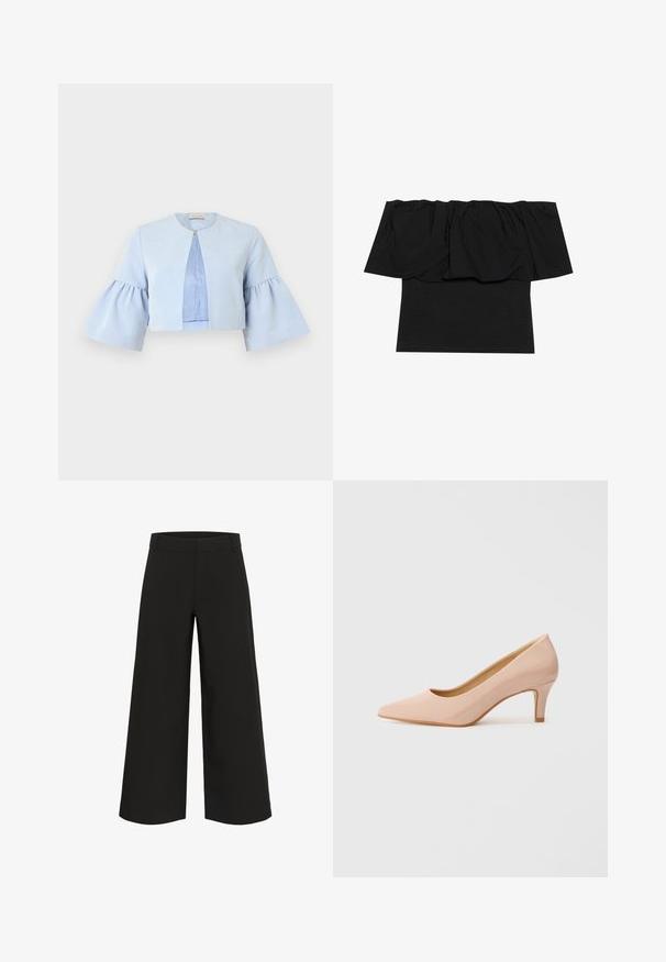 Lichtblauwe cropped jas met uitlopende driekwart mouwen, ronde halslijn en een enkele sluiting aan de voorkant.; Zwarte off-shoulder top met geplooid materiaal bij de halslijn, een aansluitende pasvorm op het lichaam en korte mouwen. Zachte, soepele stof.; Zwarte wijde broek met ceintuurlussen, een ritssluiting aan de voorkant en een nette, op maat gemaakte afwerking tegen een witte achtergrond.; Puntige, gepatenteerde roze hoge hak met een lage hak, met een gladde, glanzende afwerking en een subtiele open V-vormige snit aan de voorkant.
