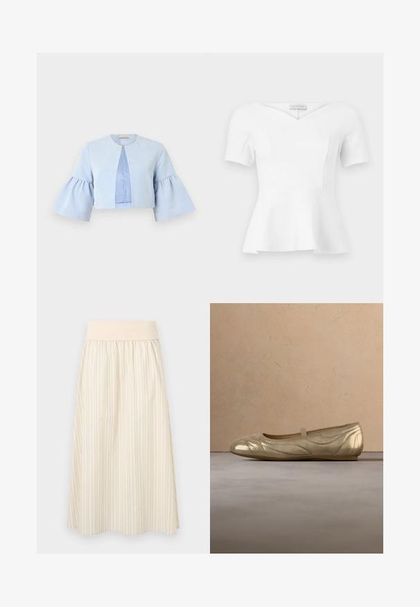 Veste courte bleu clair avec manches trois-quarts évasées, col rond et fermeture unique par un bouton-pression à l'avant.; Haut blanc à manches courtes avec basque, encolure en cœur et taille cintrée, étiquette "Anna Field" visible à l'intérieur du col.; Jupe crème plissée avec fines rayures verticales, dotée d'une ceinture élastique douce. Fabriquée en tissu léger pour le confort.; Ballers dorées métalliques avec des coutures, une sangle élastique, un bout rond et une texture lisse, sur un fond gris texturé.