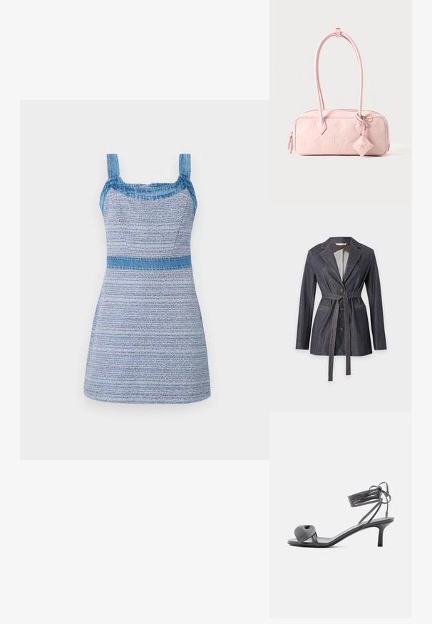 Donkere denimblazer met drie knopen, ingesneden revers, lange mouwen, twee voorzakken en een bijpassende riem gestrikt in de taille.; Denim en textiel jurk met vierkante schouderbanden, een aansluitende top en een uitlopende rok. Beschikt over blauwe tinten en een horizontaal streepjespatroon.; Grijze leren sandaal met hak, voorzien van een geknoopte band bij de tenen en wikkellinten rond de enkel op een slanke sandaal met een middenhoge hak, tegen een witte achtergrond.; Lichtroze rechthoekige handtas met twee hoge hengsels, reliëflogo’s en een hangend leren label in diamantvorm met gouden embleem.