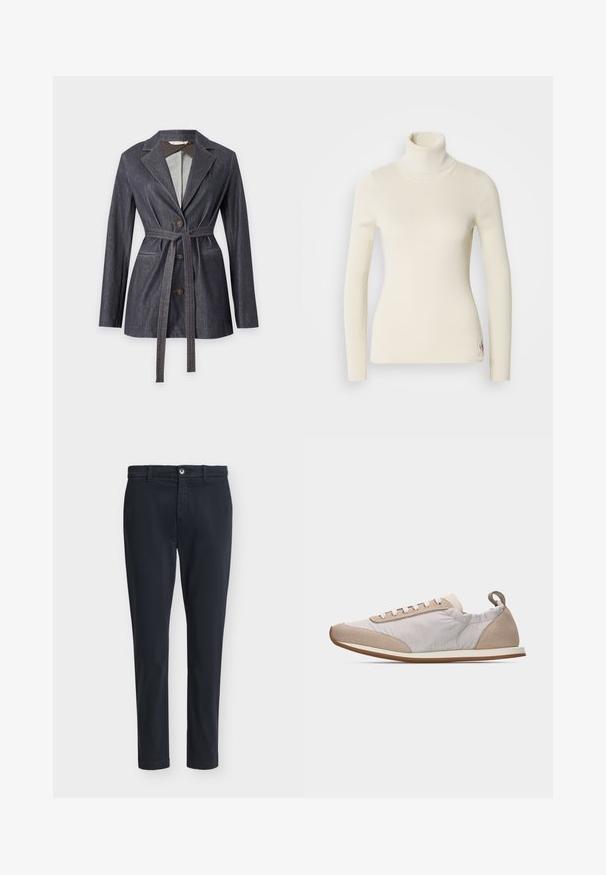 Mørk denim blazer med tre knapper, hakkede revers, lange ærmer, to forlommer og et matchende bælte bundet i taljen.; Cremefarvet turtleneck sweater lavet af ribbet stof. Har lange ærmer, tætsiddende design og et lille logo på kanten. Blød tekstur.; Mørkeblå mænds slim-fit afslappede bukser med knaplukning og bæltestropper, vist på en ensfarvet lysegrå baggrund.; Lysebeige sneaker med hvide snørebånd, ruskind på tå og hæl, bløde stofsider og en tynd lysebrun gummisål, set fra siden.