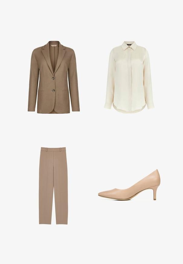 Blazer marron clair ajusté avec deux boutons, revers crantés, manches longues et poches fendues à l'avant.; MARCIANO BY GUESS Chemisier - creme; Pantalons beige ajustés à jambe droite, dotés d'un devant plissé, de passants de ceinture et de détails de surfilage subtils. Tissu lisse et léger.; Escarpin à bout pointu en cuir nude avec un talon fin et une texture lisse ; présente un design discret et de subtils éléments en métal doré.