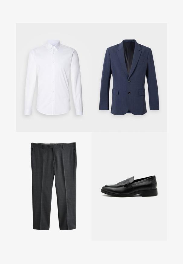 Marineblå blazer lavet af tekstureret stof med en enkeltknap-design, notch-lapel, to forlommer og to knapper.; Hvid langærmet skjorte med knaplukning lavet af glat bomuldsstof, med en klassisk krave, knaplukning og buet kant.; Mørkegrå formelle bukser med knap- og lynlåslukning foran, bæltestropper og sidelommer, vist fladt på en hvid baggrund.; Sort læder herre loafers med kvast detalje, rundet tå, lav hæl og glat poleret finish, vist fra siden på hvid baggrund.