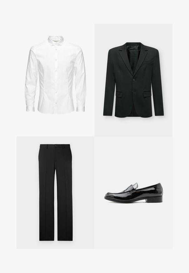 Blazer preto de um só peito com lapelas de entalhe, dois bolsos frontais com aba, um bolso no peito e dois botões na frente.; Camisa branca de mangas longas com botões, feita de um tecido liso. Apresenta um colarinho clássico, botões na frente e punhos com um botão. Design ajustado.; Calças pretas, sob medida, com corte de perna reta, tecido suave, pregas frontais e um único botão de fecho na cintura.; Sapato mocassim masculino em pele preta envernizada com salto baixo, bico arredondado e detalhe de tira sobre o topo, em fundo branco.