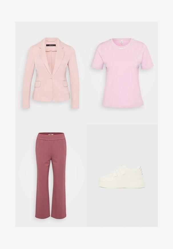 Helles rosa Blazer mit Reverskragen, einreihiger Knopfverschluss und zwei Fronttaschen. Glattes Material und taillierte Passform.; Rosa T-Shirt mit kurzen Ärmeln und rundem Halsausschnitt, verziert mit dekorativen Perlen und Pailletten am Kragen. Weicher Baumwollmix.; Taillierte, leichte Hose in einem staubigen Rosaton. Mit elastischem Bund und weiten, geraden Beinen. Weicher Stoff ohne sichtbare Muster.; Weißer Plateausneaker mit doppelten Klettverschlüssen und silbernen Nieten an der Ferse, von der Seite vor einem einfarbigen Hintergrund gezeigt.