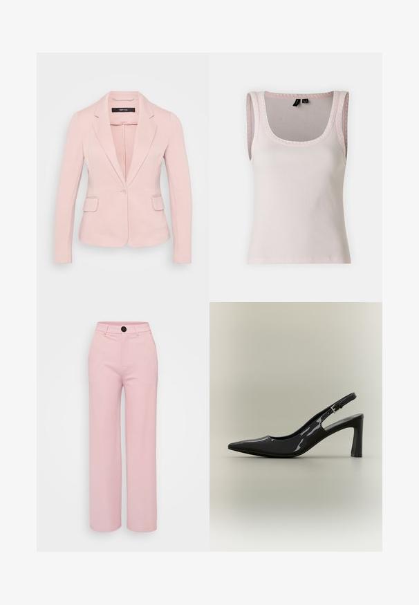 Helles rosa Blazer mit Reverskragen, einreihiger Knopfverschluss und zwei Fronttaschen. Glattes Material und taillierte Passform.; Helles rosa geripptes Tanktop mit einem Rundhalsausschnitt und breiten Trägern, versehen mit einer dekorativen Kante entlang des Ausschnitts und der Armlöcher.; Helle rosa weite Hose mit glatter Textur, ausgestattet mit einem schwarzen Knopf und einem klassischen Taillendesign. Keine zusätzlichen Taschen sichtbar.; Schwarzer Lackleder Slingback-Pumps mit spitz zulaufender Kappe, mittelhohem Blockabsatz und verstellbarem Schnallenriemen.