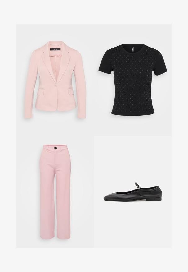 Helles rosa Blazer mit Reverskragen, einreihiger Knopfverschluss und zwei Fronttaschen. Glattes Material und taillierte Passform.; Schwarzes kurzärmliges T-Shirt aus Rippstoff, das auf der Vorderseite verstreute Strassakzente für zusätzliche Details aufweist.; Helle rosa weite Hose mit glatter Textur, ausgestattet mit einem schwarzen Knopf und einem klassischen Taillendesign. Keine zusätzlichen Taschen sichtbar.; Schwarze Leder-Ballettschuhe mit einer abgerundeten Zehe, schmalem Vorderblatt und einem kleinen Knöchelriemen mit einer runden Schnalle. Niedrige, flache Sohle.
