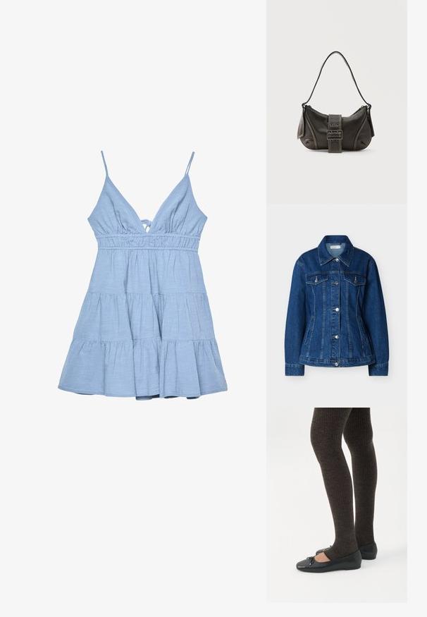 Veste en jean bleu avec fermeture à boutons, deux poches poitrine à rabats et poches latérales fendues, dotée d'un col classique et de manches longues.; Robe sans manches bleu clair avec un décolleté en V, un corsage froncé et une jupe à volants. Fabriquée en tissu texturé avec des bretelles ajustables.; Jambes portant des leggings côtelés foncés associés à des ballerines noires avec de petits détails en nœud sur fond blanc.; Sac à épaule en cuir noir avec une sangle à boucle, des bords arrondis et des coutures blanches contrastées sur un fond uni.