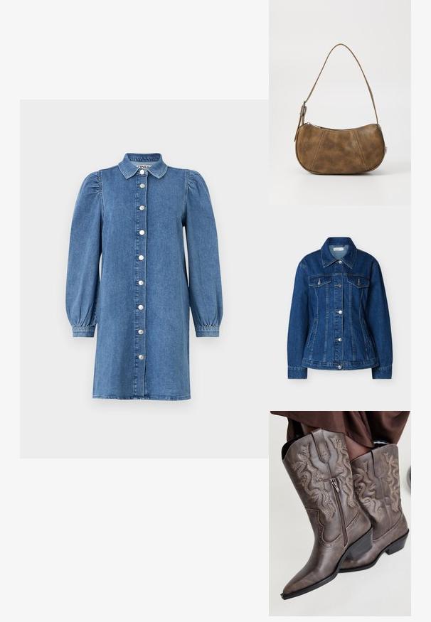Blå denimjakke med knaplukning foran, to brystlommer med klapper og sidelommer med slidser, med klassisk krave og lange ærmer.; Denimkjole med lange puffede ærmer, knapåbning foran, krave og lige snit. Blåt stof med en glat overflade.; Brune læder cowboystøvler med spids tå, sidelukning og struktureret slange-design i beige, med dekorative nitter langs kanterne.; Brun faux læder skuldertaske med en buet form, en enkelt strop, kontrasterende syninger og en lynlåslukning langs den øverste kant.