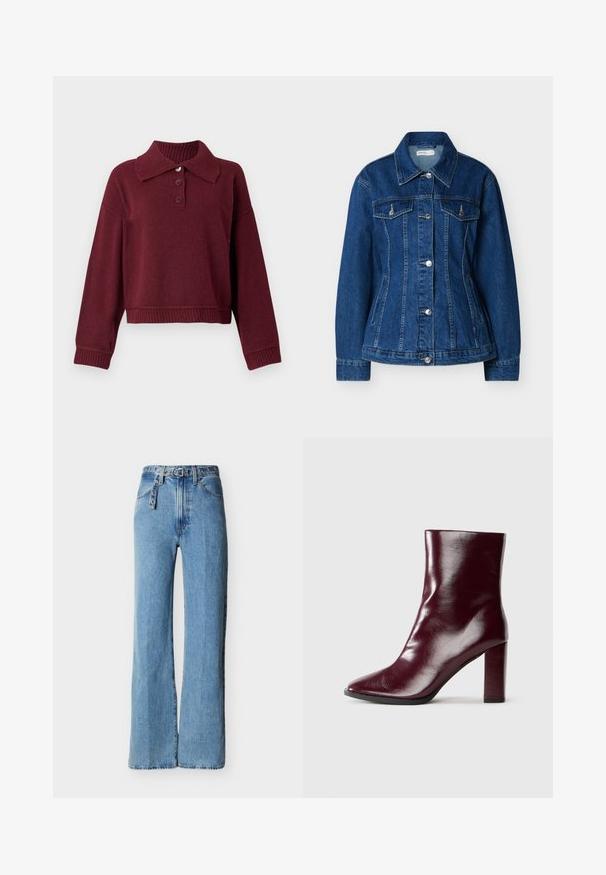 Veste en jean bleu avec fermeture à boutons, deux poches poitrine à rabats et poches latérales fendues, dotée d'un col classique et de manches longues.; Pull beige avec col, patte de boutonnage à trois boutons et bords côtes. Texture douce avec une coupe décontractée.; Jean denim bleu clair taille haute avec jambes larges, cinq poches, et une ceinture en denim assortie avec œillets en métal et boucle.; Botte en cuir bordeaux foncé brillant mi-mollet avec bout pointu et talon bloc haut sur fond neutre.