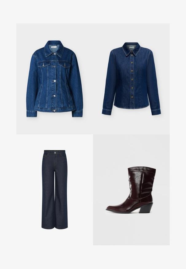 Chaqueta vaquera azul con cierre de botones, dos bolsillos en el pecho con solapas y bolsillos laterales con abertura, con cuello clásico y mangas largas.; Camisa de mezclilla azul oscuro de manga larga con botones en la parte delantera y cuello, costuras visibles y etiqueta de la marca dentro del escote.; Jeans de mezclilla oscura de pierna ancha con cintura alta, con detalles de costura visibles en dorado contrastante y bolsillos delanteros y traseros. Diseño clásico de cinco bolsillos.; Botines de cuero burdeos con punta afilada, superficie texturizada y tacón bajo cónico. Presentan costuras sutiles y un ajuste ceñido.