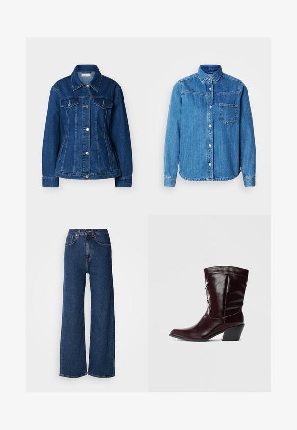 Veste en jean bleu avec fermeture à boutons, deux poches poitrine à rabats et poches latérales fendues, dotée d'un col classique et de manches longues.; Chemise en denim bleu avec col, poche avant et boutons blancs. Présente un ourlet légèrement incurvé et des manches longues.; Jean à jambes larges en denim bleu foncé. Taille haute avec fermeture à boutons, comprenant cinq poches et une finition nette aux ourlets.; Bottines en cuir bourgogne avec un bout pointu, une surface texturée et un petit talon effilé. Présente une couture discrète et un ajustement confortable.