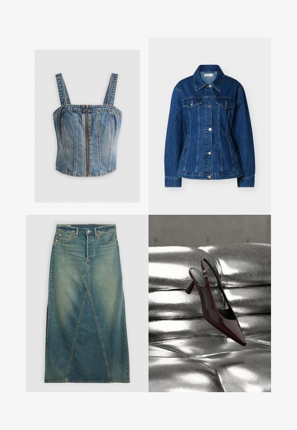 Veste en jean bleu avec fermeture à boutons, deux poches poitrine à rabats et poches latérales fendues, dotée d'un col classique et de manches longues.; Top en denim court avec des bretelles larges, doté d'une fermeture éclair sur le devant. Couleur bleu clair avec des coutures verticales et un design ajusté.; Jupe en denim à taille haute, de couleur bleu moyen. Caractéristiques : couture frontale distincte, fentes sur les côtés et conception standard à cinq poches.; Escarpin slingback à talon haut, rouge foncé brillant avec bout pointu, présenté sur une surface en cuir argenté capitonné et brillant.