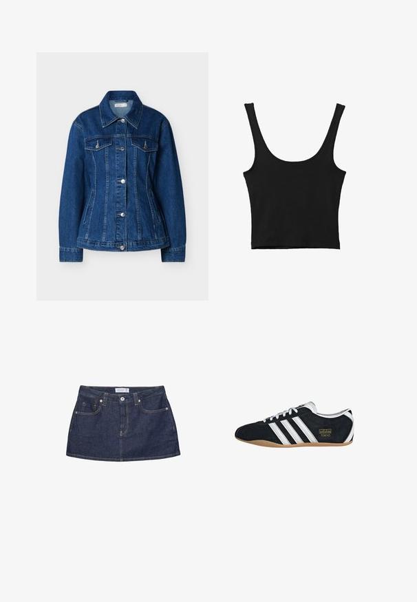 Veste en jean bleu avec fermeture à boutons, deux poches poitrine à rabats et poches latérales fendues, dotée d'un col classique et de manches longues.; Débardeur noir court avec de larges bretelles, fabriqué à partir d'un matériau doux, présentant une texture lisse et un design minimaliste.; Minijupe en denim bleu foncé avec bouton sur le devant, poches, passants de ceinture et coutures orange visibles sur fond blanc.; Sneakers en suede noir avec trois bandes blanches, logo doré et semelle en caoutchouc marron. Présente un design à lacets à profil bas.