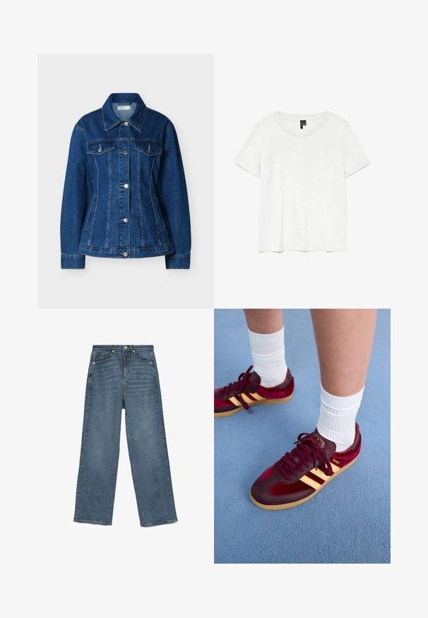 Blå denimjakke med knaplukning foran, to brystlommer med klapper og sidelommer med slidser, med klassisk krave og lange ærmer.; Hvid kortærmet t-shirt med rund halsudskæring, lavet af letvægtsstof. Enkel design, glat tekstur og lige kant.; Blå denim vide bukser med et struktureret mønster, fem-lomme design, metalknaplukning og stikninger, der udviser en afslappet pasform.; Bordeaux ruskind og læder sneakers med gule striber og gummisål. Hvide ribbede sokker synlige over anklen, placeret på en blå struktureret overflade.