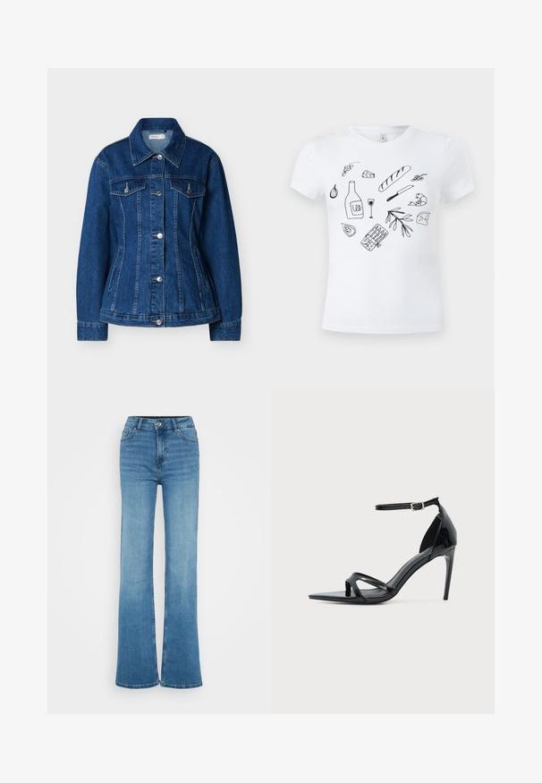 Blå denimjakke med knaplukning foran, to brystlommer med klapper og sidelommer med slidser, med klassisk krave og lange ærmer.; Hvid T-shirt med sorte stregtegninger af madvarer, herunder brød, ost, vinflaske og glas, rejer, hvidløg, oliven og en kniv.; Lys blå cowboybukser med høj talje, vide ben, knaplukning foran, lynlås og lommer foran og bagpå.; Sort laklædersandal med høje hæle, tynd ankelrem, åben tå og minimalistisk design på en ensfarvet lys baggrund.