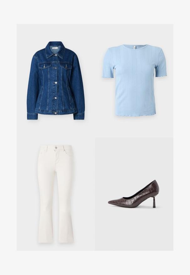 Veste en jean bleu avec fermeture à boutons, deux poches poitrine à rabats et poches latérales fendues, dotée d'un col classique et de manches longues.; Haut tricoté côtelé à manches courtes bleu clair avec des motifs verticaux subtils et des bords festonnés sur les manches et l'ourlet.; Jean blanc évasé en denim avec une taille ajustée, cinq poches et une fermeture éclair à l'avant. Texture lisse et design épuré.; Escarpins à bout pointu en similicuir marron avec une texture crocodile, dotés d’un talon fin et angulaire ainsi que d’une doublure intérieure lisse.