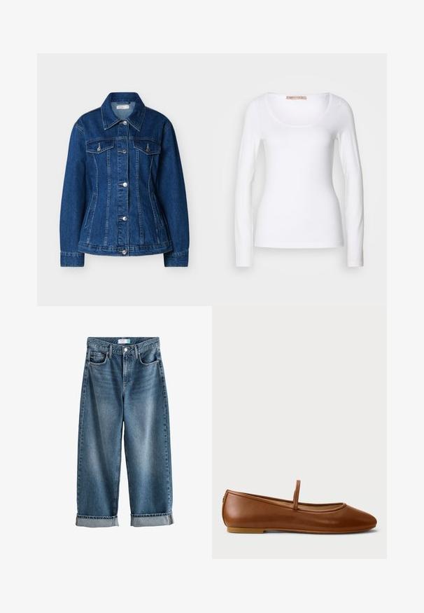 Blå denimjakke med knaplukning foran, to brystlommer med klapper og sidelommer med slidser, med klassisk krave og lange ærmer.; Langærmet hvid bomulds T-shirt med rund halsudskæring og tætsiddende design, med glat tekstur og uden udsmykninger.; Blå denim boyfriend jeans med opbuk, forreste knap- og lynlåslukning samt synlige forlommer.; Brun læder flad Mary Jane sko med rund tå og enkelt rem over vinden, sat på en flad gummisål.