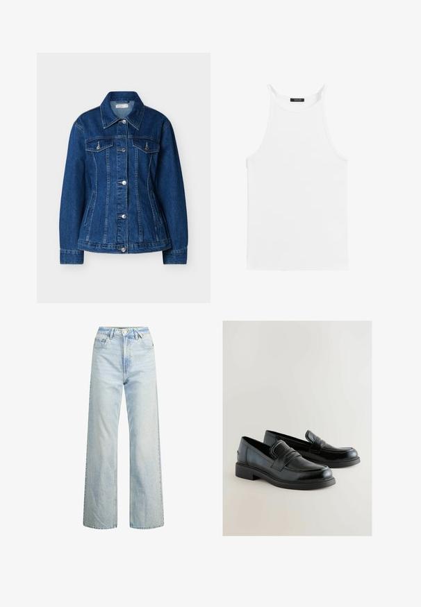 Blauwe spijkerjas met knopen aan de voorkant, twee borstzakken met kleppen en zijzakken met openingen, voorzien van een klassieke kraag en lange mouwen.; Witte mouwloze tanktop met dunne bandjes en een hoge halslijn, plat gelegd op een witte achtergrond.; Lichtgekleurde denim wijde jeans met hoge taille, klassieke vijf-pocketontwerp en contrasterende stiksels. Rechte pijp en rafelige zoom.; Zwarte leren instappers met een gladde afwerking, verhoogde stikseldetails en een lage, vierkante hak. De zijaccenten zijn minimaal en slank.