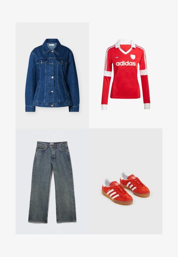 Blaue Jeansjacke mit Knopfleiste, zwei Brusttaschen mit Klappen und seitlichen Einschubtaschen, ausgestattet mit einem klassischen Kragen und langen Ärmeln.; Rotes Fußballtrikot mit langen Ärmeln, weißem Kragen und weißen Ärmelbündchen. Es hat drei weiße Streifen auf den Schultern und das "adidas"-Logo ist auffällig platziert.; Blaues Denim-Weitbein-Jeans mit hoher Taille, fünf Taschen und dezenten Used-Effekten im Stoff. Markenetikett am Bund sichtbar.; Rote Wildleder-Sneaker mit weißen Streifen, Gummi-Sohle, gepolstertem Kragen und Logo auf der Zunge. Klassisches Design mit strukturiertem Obermaterial.