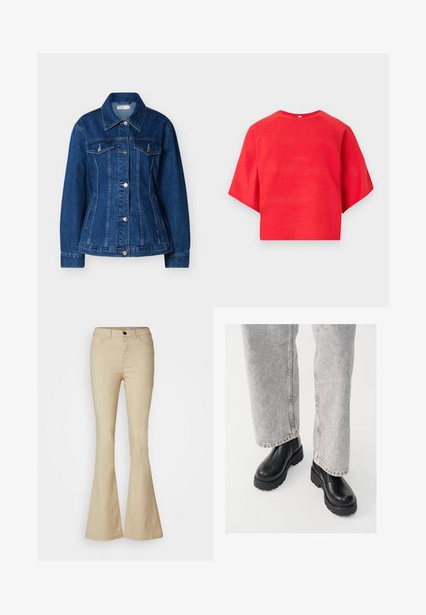 Blaue Jeansjacke mit Knopfleiste, zwei Brusttaschen mit Klappen und seitlichen Einschubtaschen, ausgestattet mit einem klassischen Kragen und langen Ärmeln.; Rotes Strickoberteil mit kurzen Ärmeln, rundem Halsausschnitt und geripptem Saum. Es zeichnet sich durch eine glatte Textur und lockere Passform aus und eignet sich für legere Kleidung.; Beige Schlagjeans aus Baumwollmischgewebe. Hoch geschnitten mit fünf Taschen, einer vorderen Knopfverschluss und glatter Textur.; Vagabond COSMO - Plateaustiefelette - black