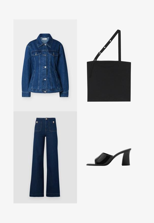 Veste en jean bleu avec fermeture à boutons, deux poches poitrine à rabats et poches latérales fendues, dotée d'un col classique et de manches longues.; Débardeur noir à côtes avec une bretelle ajustable muni de matériel en métal. Design simple avec un décolleté droit et une texture lisse.; Jeans larges bleu foncé à taille haute, avec des accents de boutons dorés, deux poches à l'avant et à l'arrière, et des coutures contrastantes. Tissu en denim texturé.; Sandales à talons ouverts noires avec une finition brillante en vernis, bout carré et design à talon épais. Silhouette élégante et texture lisse.
