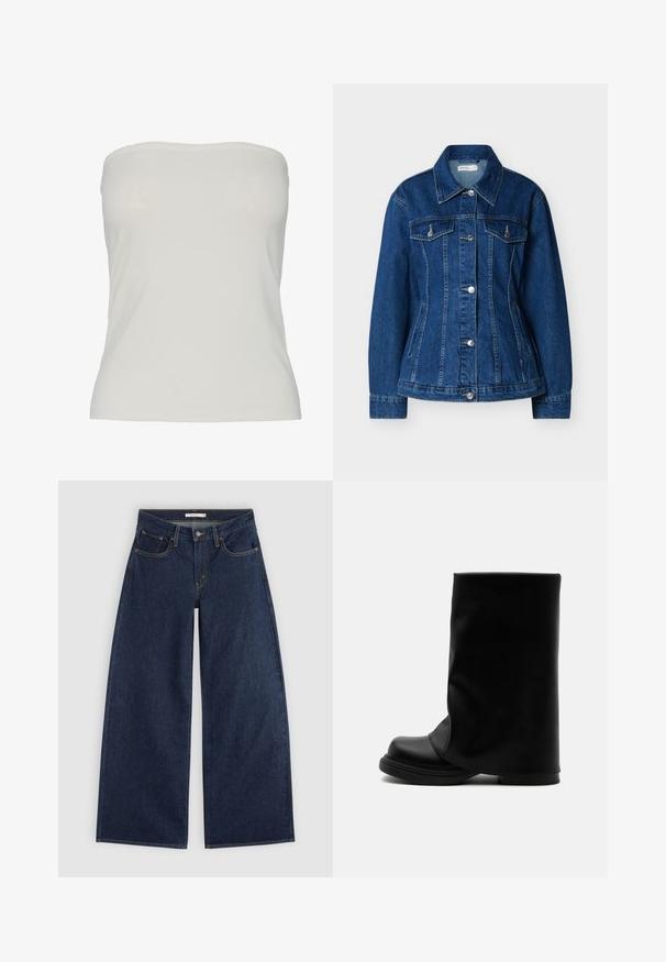 Chaqueta vaquera azul con cierre de botones, dos bolsillos en el pecho con solapas y bolsillos laterales con abertura, con cuello clásico y mangas largas.; Top sin tirantes de tela beige claro, diseño ajustado con una textura suave, bordes sin costuras y sin patrones ni detalles de hardware visibles.; Vaqueros azul oscuro de corte ancho con bolsillos delanteros, trabillas para cinturón y cierre de botón, mostrados extendidos sobre un fondo claro.; Bota alta negra de cuero con un caño superior ancho y suelto y una suela gruesa y redondeada sobre fondo blanco.