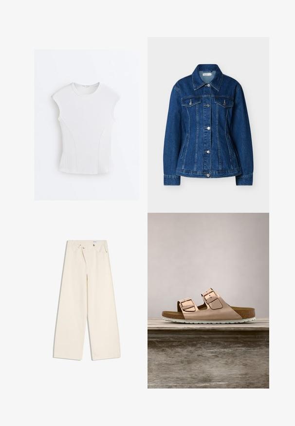 Veste en jean bleu avec fermeture à boutons, deux poches poitrine à rabats et poches latérales fendues, dotée d'un col classique et de manches longues.; Haut sans manches blanc côtelé avec encolure ronde et détails de coutures courbes sur un fond blanc uni.; Pantalon large couleur écru avec poches avant, passants pour ceinture, et boutons argentés sur la ceinture et les bords des poches.; Sandales à glissière en or rose avec deux boucles en métal ajustables, semelle en liège et semelle en caoutchouc blanche. Fini métallique lisse, design ouvert.