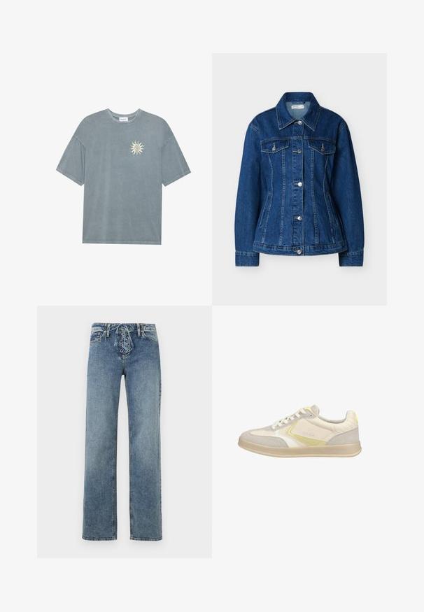 Blå denimjakke med knaplukning foran, to brystlommer med klapper og sidelommer med slidser, med klassisk krave og lange ærmer.; Lyseblå oversized t-shirt lavet af blødt bomuld med en rund halsudskæring og et gult solmotiv på venstre bryst.; Blå denimjeans med lige ben og snørelukning foran med metaløjer, vist mod en hvid baggrund.; Beige og grå lavtop-sneaker med hvide snørebånd, gule accenter og gummisål, vist fra ydersiden på hvid baggrund.