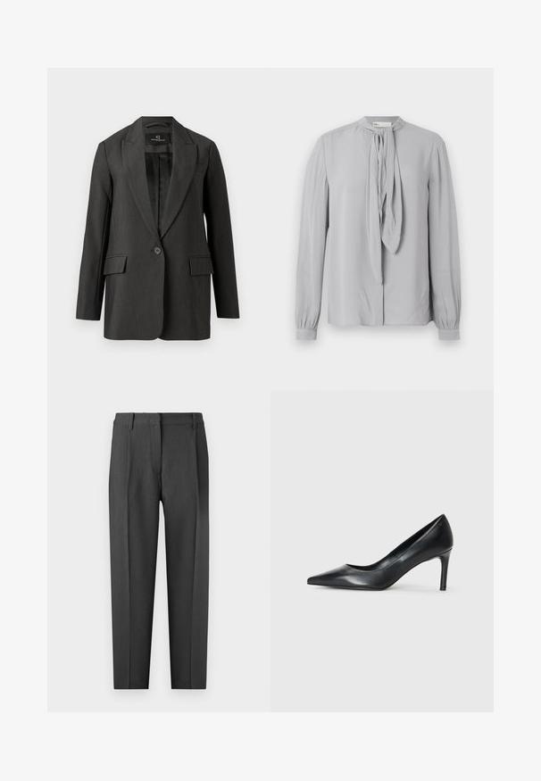 Donkergrijze blazer met een getailleerde pasvorm, enkele knoopsluiting, notched revers, twee voorzakken en een soepele textuur. Voering aan de binnenkant.; Lichtgrijze blouse met lange mouwen, hoge hals en voorstrikdetail, voorzien van geplooide manchetten en een gladde stoftextuur.; Charcoal grijze slim-fit pantalon, met een platte voorkant, zijzakken en een recht beenontwerp met een gladde textuur.; Zwarte leren pump met spitse neus en een slanke hak, gladde textuur en geen zichtbare versieringen. Schoon ontwerp met een minimalistische esthetiek.