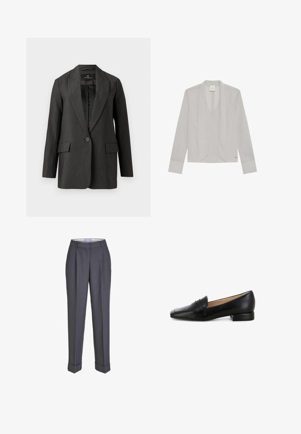 Dunkelgrauer Blazer mit taillierter Passform, Ein-Knopf-Verschluss, Reverskragen, zwei Vordertaschen und glatter Textur. Gefüttertes Innenfutter.; Hellgraue Bluse mit langen Ärmeln, tiefem V-Ausschnitt und angebrachtem langem Frontband, aus glattem Stoff.; Dunkelgraue Tailor-Hosen mit geradem Bein, gefalteter Vorderseite und umgeschlagenen Säumen. Hergestellt aus glattem Stoff und mit einem klassischen Bund versehen.; Schwarze Lederloafer mit flachem Absatz, quadratischer Zehenform und einer genähten Riemenverzierung über dem Spann. Glatte Textur mit glänzender Oberfläche.