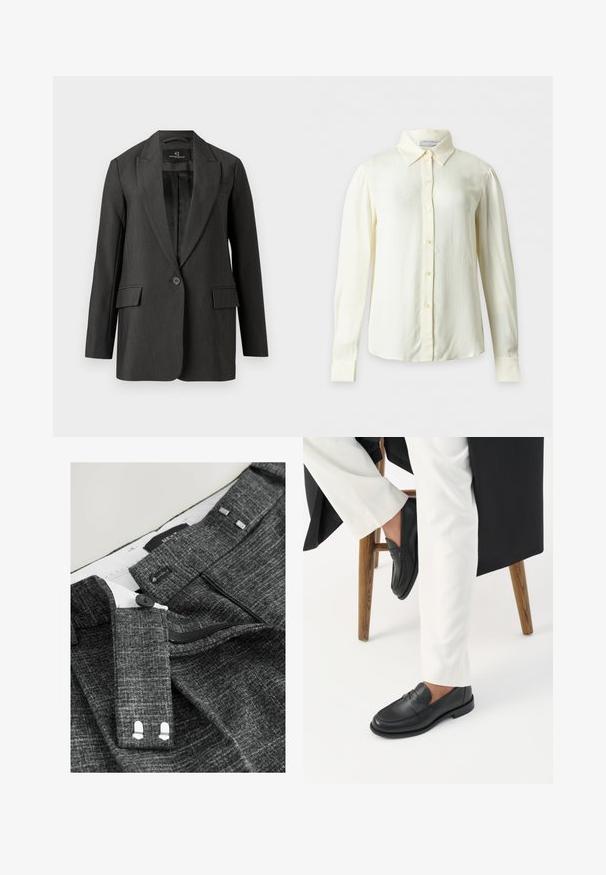 Blazer gris oscuro con corte entallado, cierre de un botón, solapas de muesca, dos bolsillos frontales y una textura suave. Interior forrado.; Blusa cremosa de manga larga con cuello puntiagudo y botones delanteros, mostrada sobre un fondo liso sin patrones ni objetos adicionales.; Los pantalones grises texturizados presentan un cierre de botón, cremallera y lazos de tela para el cinturón, con un forro interior blanco y detalles de costura distintivos.; Persona con mocasines de cuero negro y pantalones blancos sentada en un taburete de madera contra un fondo blanco.