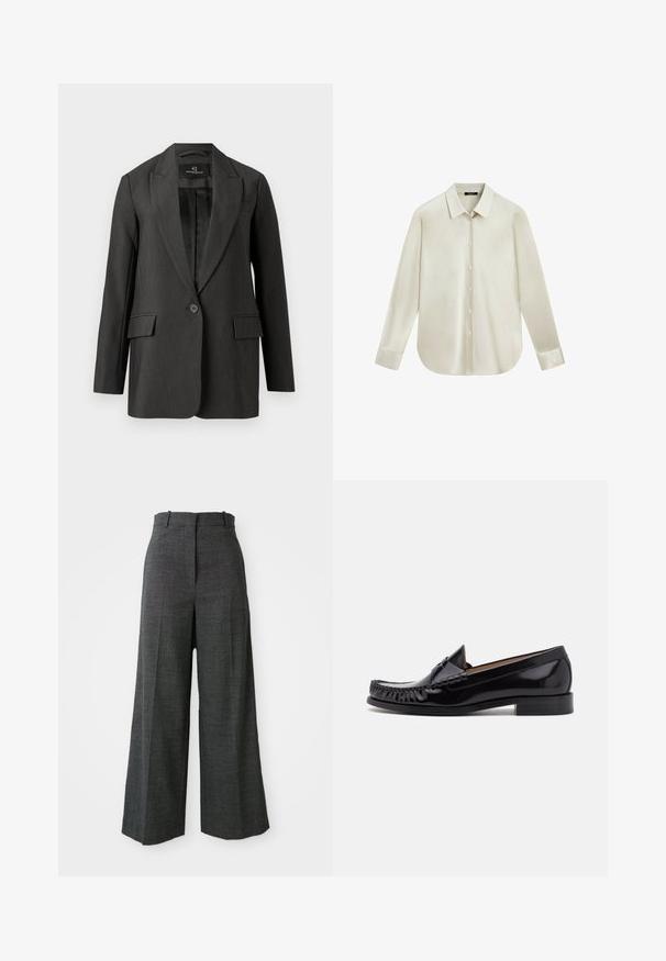 Blazer gris foncé avec coupe ajustée, fermeture à un seul bouton, revers crantés, deux poches avant et texture lisse. Intérieur doublé.; Chemise crème à manches longues avec boutons, col pointu et ourlet arrondi, présentée sur fond blanc.; Pantalons larges à carreaux gris avec une taille haute, présentant des plis à l'avant, une texture vertical et sans hardware ni accents visibles.; Mocassin en cuir noir avec une finition brillante, présentant des franges à l'avant et un petit talon empilé.