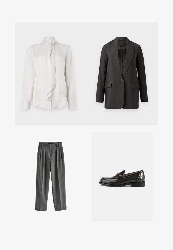 Blazer gris oscuro con corte entallado, cierre de un botón, solapas de muesca, dos bolsillos frontales y una textura suave. Interior forrado.; Blusa blanca de manga larga con cuello alto y detalle de bufanda atada en la parte delantera, hecha de una suave tela similar al satén.; Pantalones grises de pernera ancha confeccionados en una tela texturizada con finas rayas discretas. Presentan un frente plisado y una cintura con trabillas para cinturón.; Mocasines de charol negro con un diseño estructurado, punta redondeada y detalles cosidos en la parte superior, con un tacón bajo apilado.