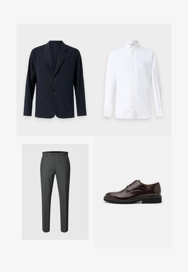 Marineblauwe, gestructureerde blazer met een geknipt revers, twee voorste klepzakken en twee knopen. Tailored fit met een minimalistisch ontwerp.; Witte lange mouwen overhemd met knoopsluiting van katoen, met een klassieke kraag, rechte snit en een zachte textuur met bijpassende knopen.; Donkergrijze op maat gemaakte formele broek met knoopsluiting en riemlussen, afgebeeld tegen een lichtgrijze achtergrond.; Bruine leren Oxford schoen met een glanzende afwerking, ronde neus, vetersluiting en een stevige zwarte rubberen zool. Naaddetails op de bovenkant.