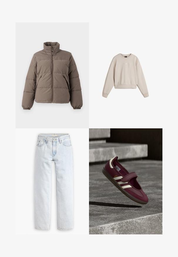 Chaqueta de plumas marrón con un cuello alto, cierre frontal de cremallera y puños elásticos. Presenta un patrón acolchado y bolsillos laterales. Material suave y aislante.; Vans ESSENTIAL RELAXED CREW NECK - Sudadera - light grey; Jeans de mezclilla de pierna recta en azul claro con una cintura alta, que presentan cinco bolsillos, un cierre frontal de botón y detalles de costura visibles.; Zapatilla deportiva marrón con una correa, franjas laterales blancas, suela de goma texturizada y material superior liso. Ajuste ajustable con interior acolchado.