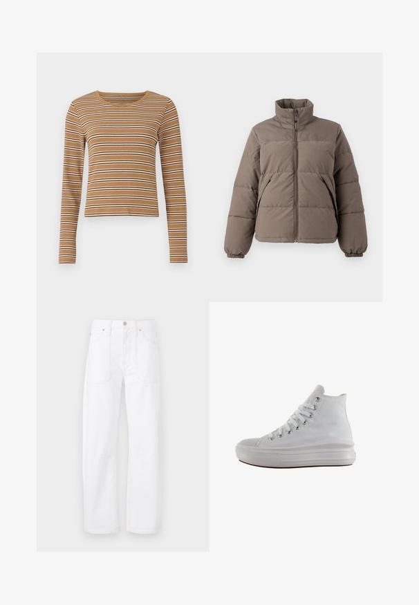 Veste matelassée marron avec un col élevé, fermeture éclair à l'avant et poignets élastiques. Présente un motif matelassé et des poches latérales. Matériau doux et isolant.; Haut marron à manches longues avec des rayures blanches et marron foncé horizontales, texture côtelée et encolure ronde, avec un design cropped.; Pantalon en denim blanc avec une coupe droite, surpiqûres orange contrastantes, cinq poches et une fermeture par bouton et zip.; Baskets montantes en toile blanche avec lacets blancs, œillets métalliques, semelle épaisse en caoutchouc et bout texturé, orientées vers la gauche sur fond blanc.