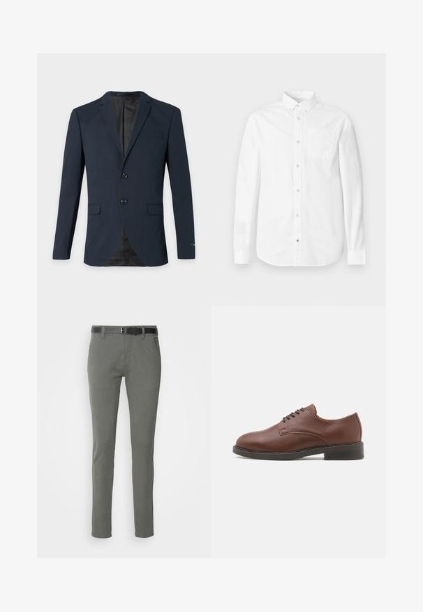 Marineblauer Herrenblazer mit zwei Knöpfen, Notch-Revers, drei Pattentaschen und schwarzer Innenfütterung.; Weißes Langarmhemd aus Baumwolle. Verfügt über einen Button-Down-Kragen, eine Brusttasche und eine dezente Textur. Gerade Saumlinie mit Knopfverschlüssen.; Graue Baumwollchinos mit schlanker Passform, ausgestattet mit einem schwarzen Gürtel, zwei Seitentaschen und einem schlichten Design. Weiche Textur ohne sichtbare Muster.; Braune Leder-Dressschuhe mit abgerundeter Zehenpartie, Schnürdesign und einer soliden schwarzen Gummisohle. Glatte Textur mit einem subtilen Glanz.